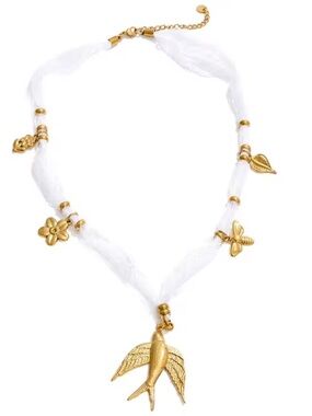 Gold Bird Charm White Lace Necklace